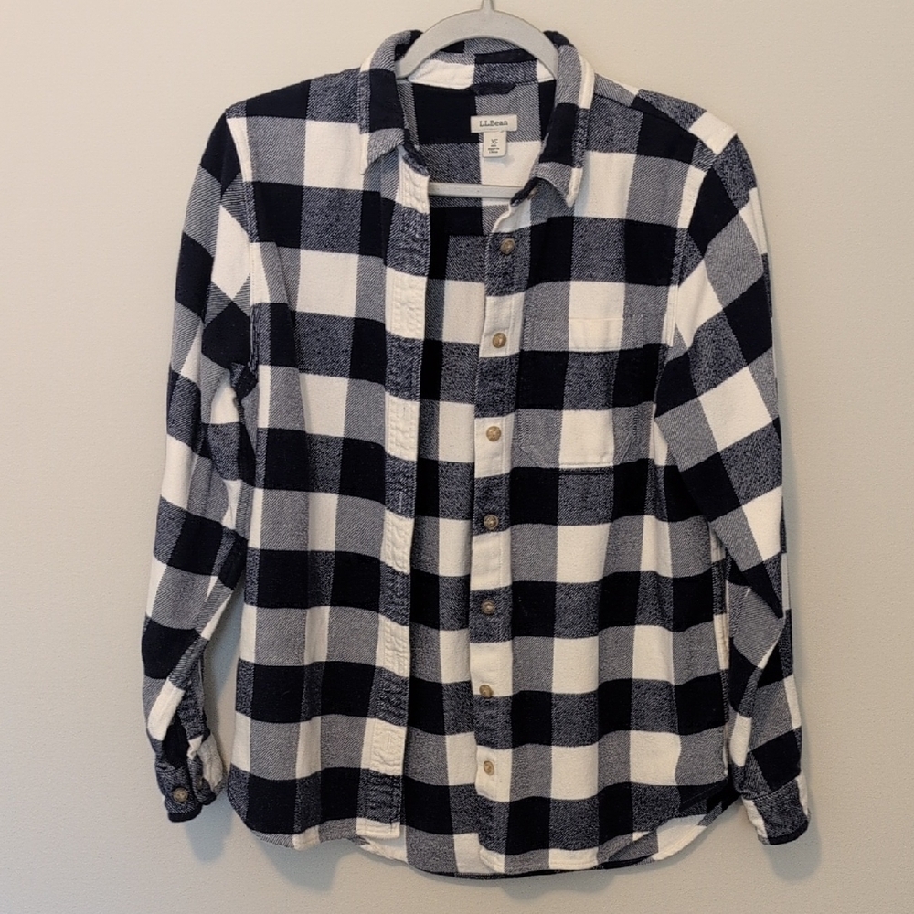 Organic LLBean Cotton Blue White Checkered Plaid Button Up Flannel